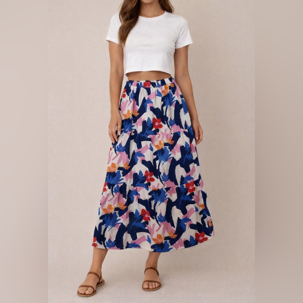 Walter Baker Tiered Floral Maxi Skirt Multicolor Elastic Waist Size S Boho
